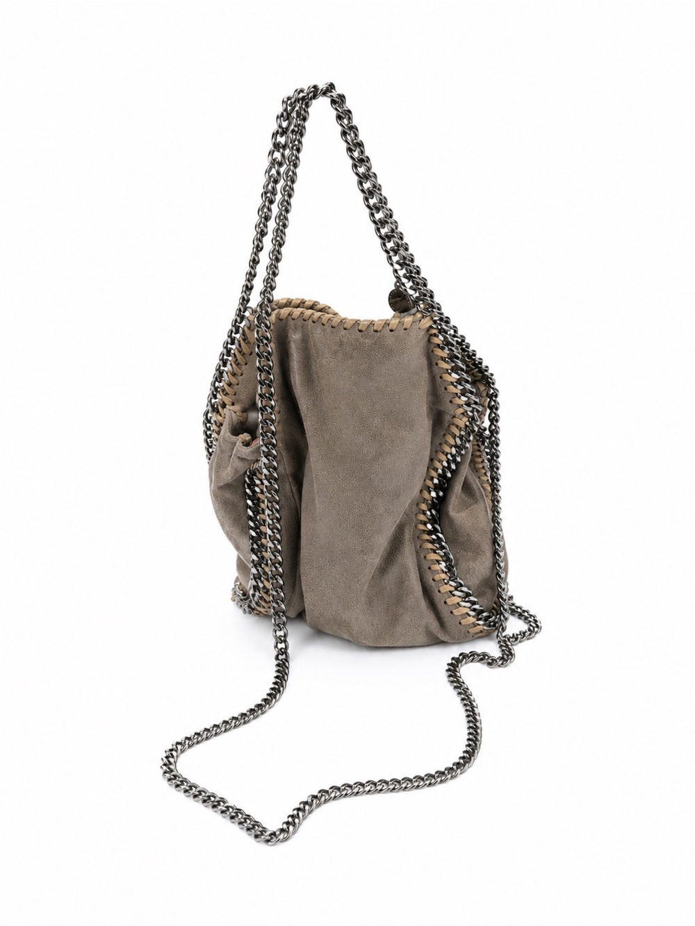 Authentic Stella McCartney Taupe Suede Whipstitch Shoulder Bag W/ Gunmetal chain